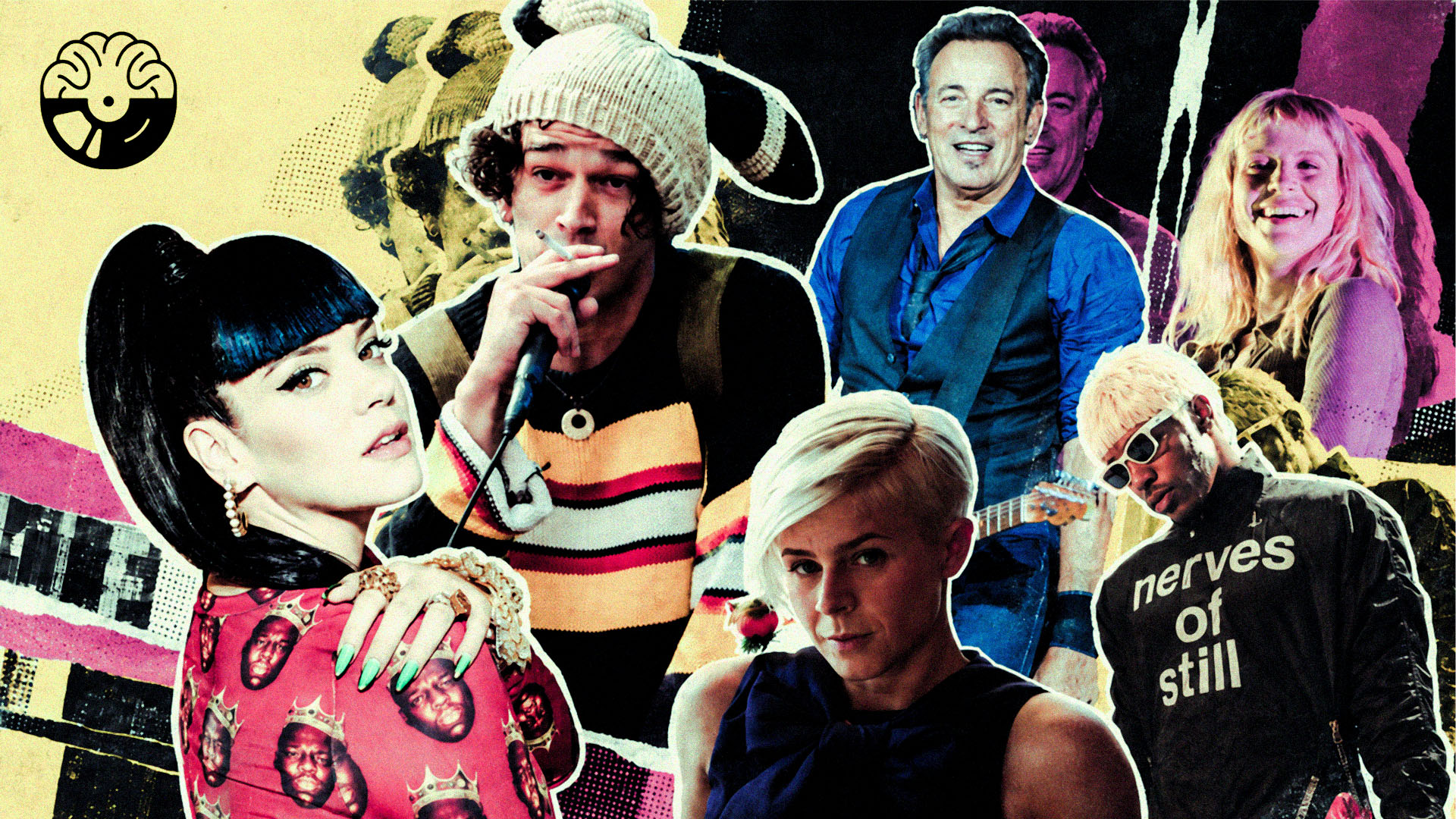 Editorial collage of multiple musicians representing the tension between upbeat music and darker lyrical meaning.