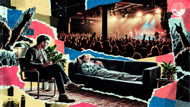 Editorial collage contrasting an energetic live concert crowd with a quiet one-to-one conversation in an interior room.