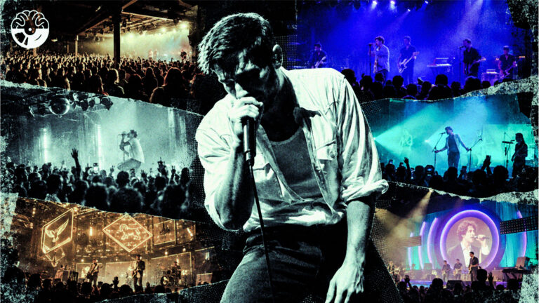 Editorial collage of a singer surrounded by live concert scenes photographed by Joel Day.
