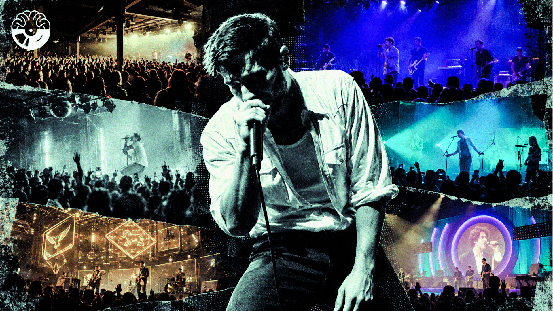 Editorial collage of a singer surrounded by live concert scenes photographed by Joel Day.