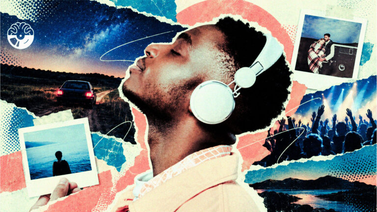 Editorial collage showing a listener with headphones surrounded by memories, relationships, travel and a live music crowd.
