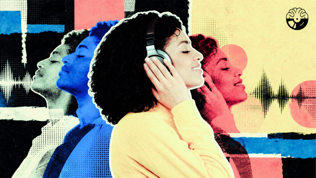 Editorial collage of a listener wearing headphones with layered profiles and sound-wave imagery representing changing emotional states.
