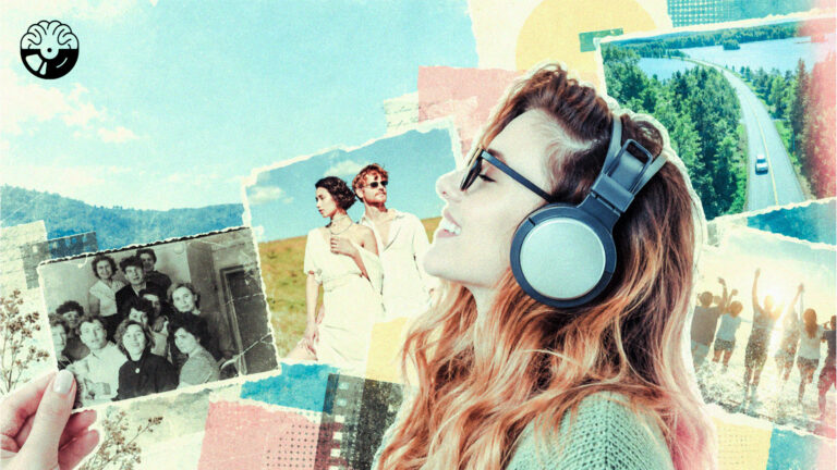 Editorial collage of a listener with headphones surrounded by photographs and scenes representing autobiographical memory.