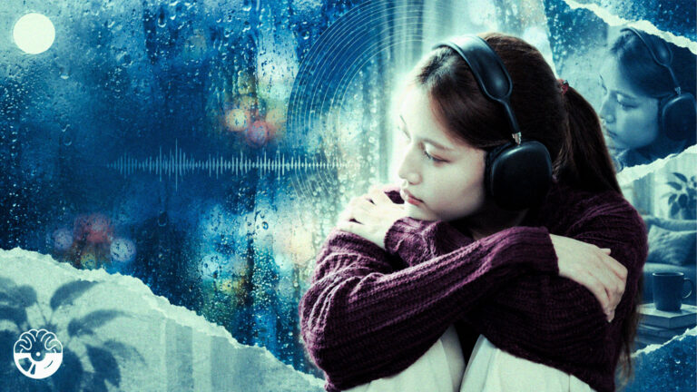 Blue-toned editorial collage of a reflective listener wearing headphones beside a rain-covered window.