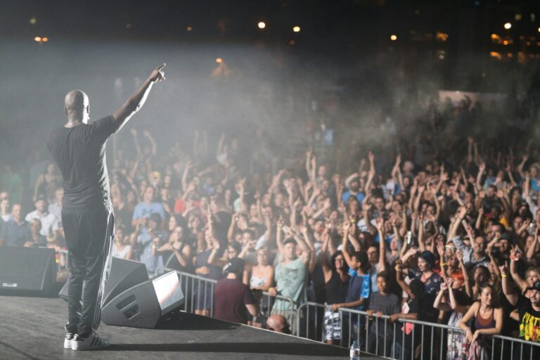 A performer standing on stage during a live music event.
