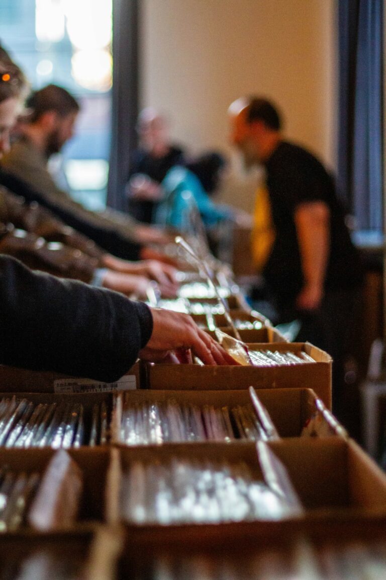 Hands browsing vinyl records in cardboard record bins.